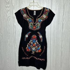 Black with colorful,‎ embroidered floral, lightweight, cotton,vintage dress med